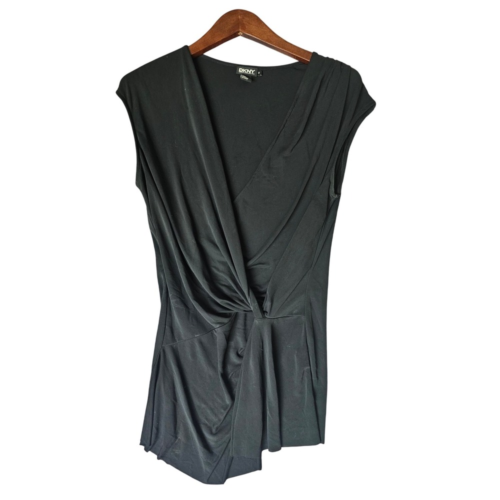 DKNY Donna Karan Black Sleeveless Twist Front V-Neck Blouse Top Size M